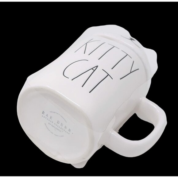 Rae Dunn Kitty Cat Ceramic Mug Lid 7" Tall White Black Text Adorable Giftable - Picture 2 of 3